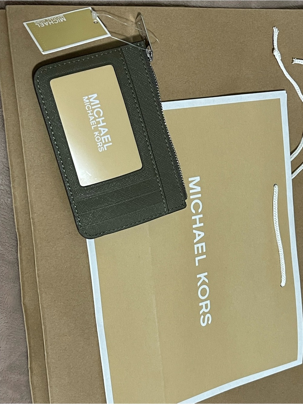 Michael Kors Olive Saffiano Leather Zip Card Holder
